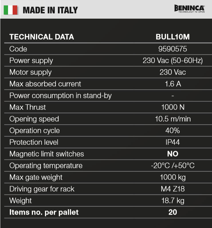 ویژگی های فنی جک ریلی Beninca Bull10m